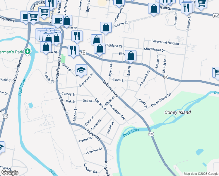 map of restaurants, bars, coffee shops, grocery stores, and more near 801 Belmont Avenue in Shelbyville