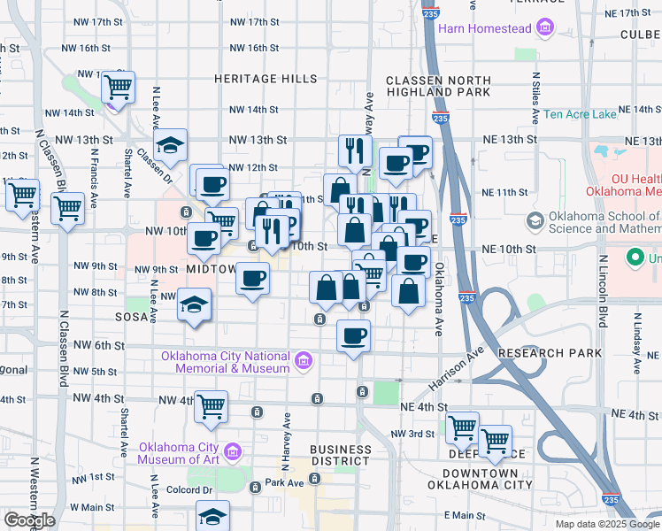 map of restaurants, bars, coffee shops, grocery stores, and more near 124 Northwest 10th Street in Oklahoma City