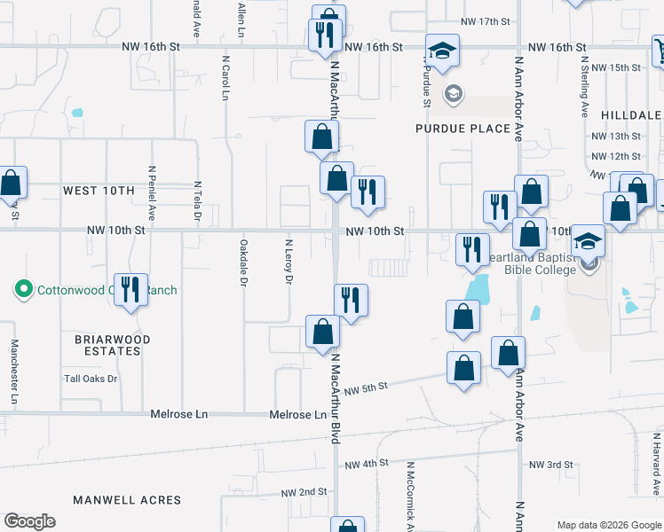 map of restaurants, bars, coffee shops, grocery stores, and more near 5734 Northwest 10th Street in Oklahoma City