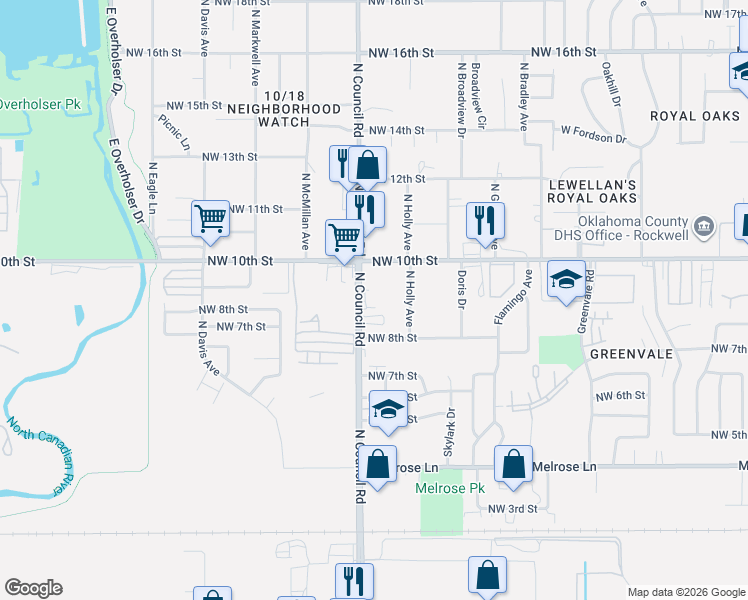 map of restaurants, bars, coffee shops, grocery stores, and more near 7900 Northwest 10th Street in Oklahoma City