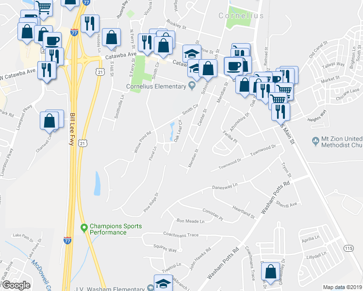 map of restaurants, bars, coffee shops, grocery stores, and more near 19243 School Street in Cornelius