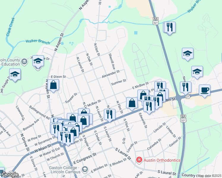 map of restaurants, bars, coffee shops, grocery stores, and more near 505 North Flint Street in Lincolnton