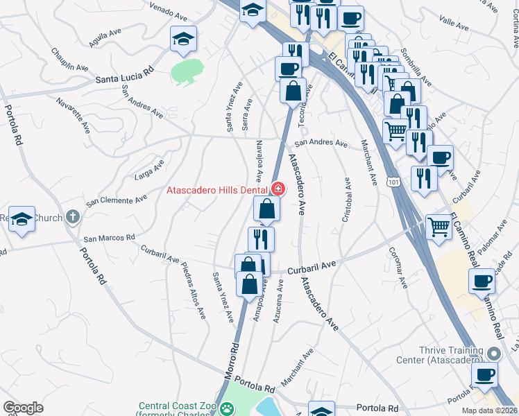 map of restaurants, bars, coffee shops, grocery stores, and more near 7500 Morro Road in Atascadero