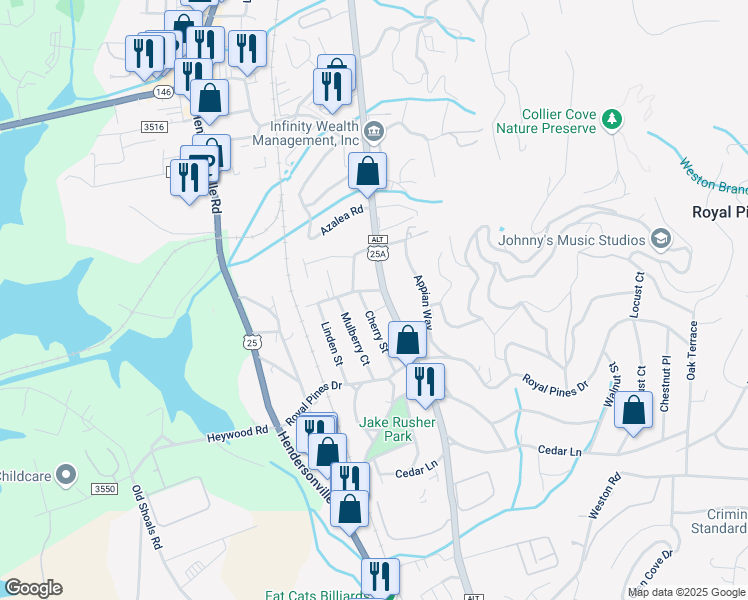 map of restaurants, bars, coffee shops, grocery stores, and more near 21 Cherry Street in Arden