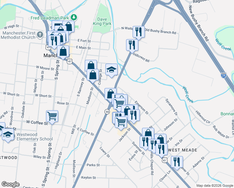 map of restaurants, bars, coffee shops, grocery stores, and more near 700 Emerson Street in Manchester