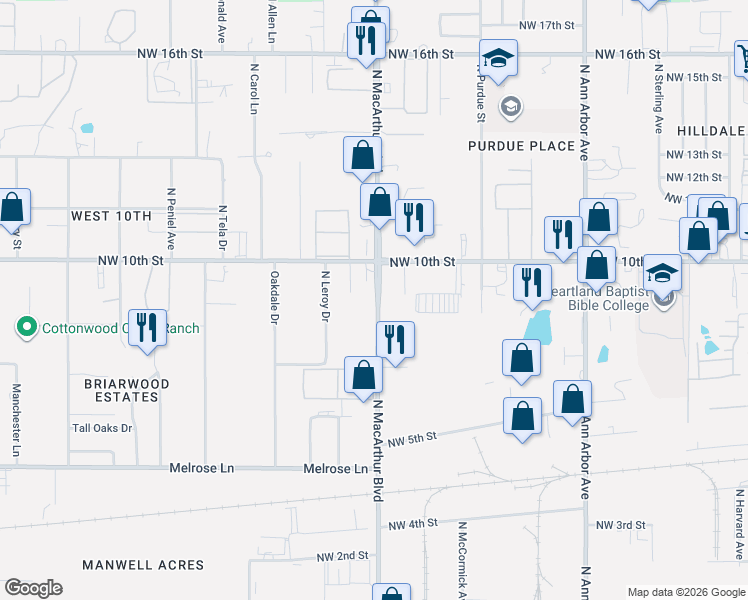 map of restaurants, bars, coffee shops, grocery stores, and more near 5734 Northwest 10th Street in Oklahoma City