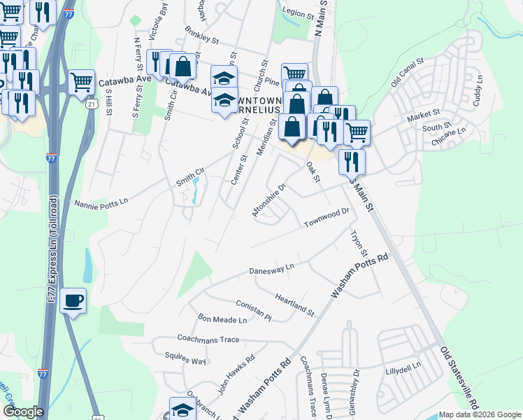 map of restaurants, bars, coffee shops, grocery stores, and more near 21532 Aftonshire Drive in Cornelius