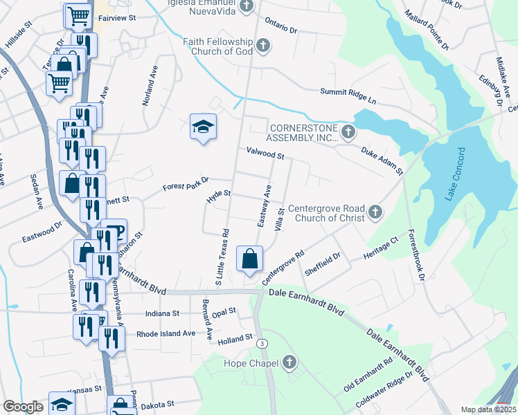 map of restaurants, bars, coffee shops, grocery stores, and more near 410 Hyde Street in Kannapolis