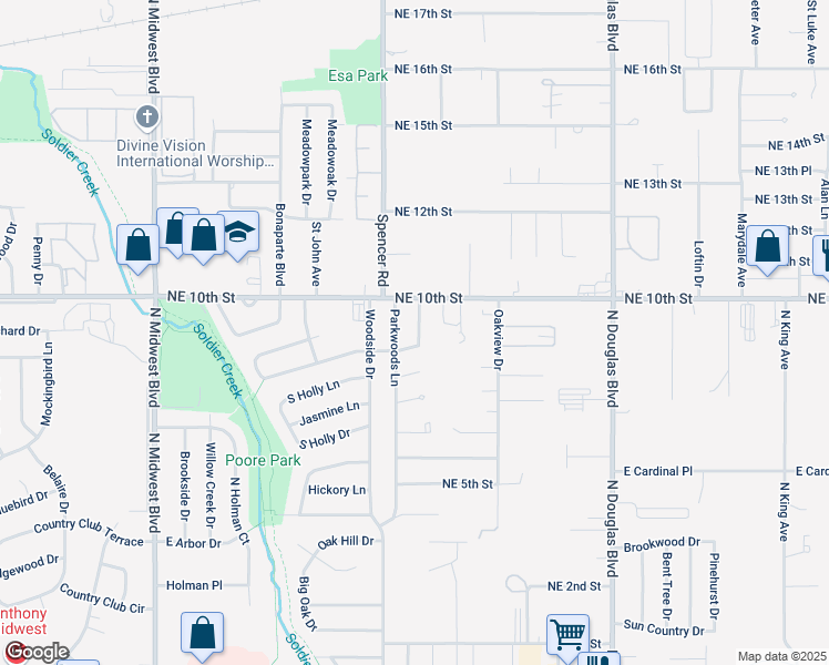 map of restaurants, bars, coffee shops, grocery stores, and more near 4009 Locust Drive in Midwest City