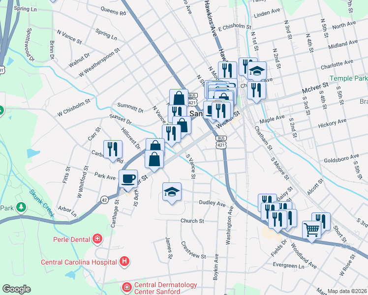 map of restaurants, bars, coffee shops, grocery stores, and more near 111 South Vance Street in Sanford
