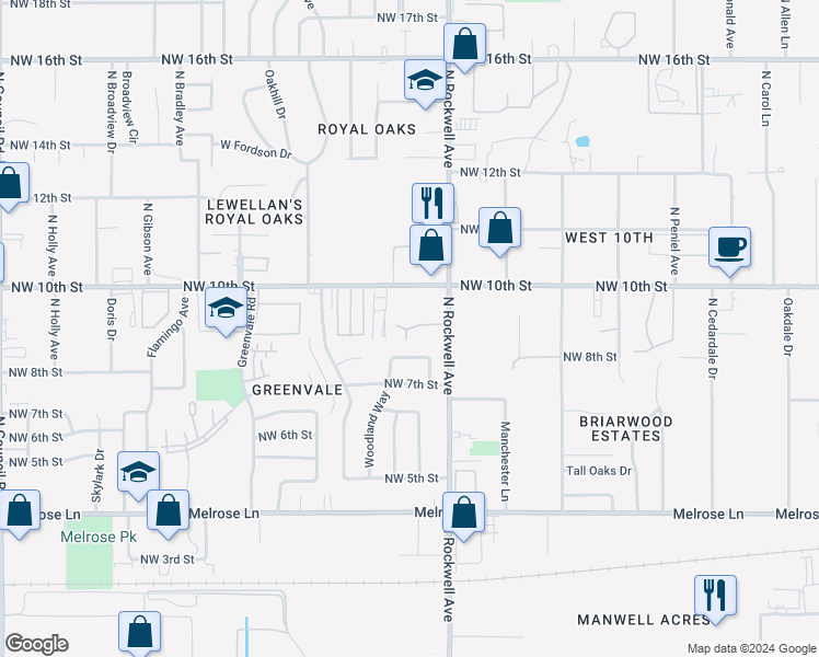 map of restaurants, bars, coffee shops, grocery stores, and more near 905 North Rockwell Avenue in Oklahoma City