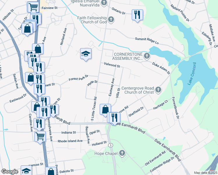 map of restaurants, bars, coffee shops, grocery stores, and more near 410 Hyde Street in Kannapolis