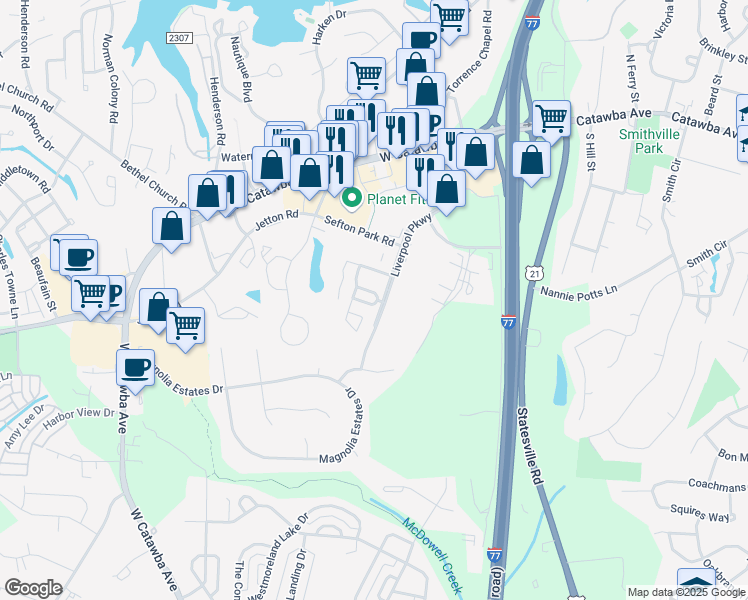map of restaurants, bars, coffee shops, grocery stores, and more near 8700 Creek Trail Lane in Cornelius