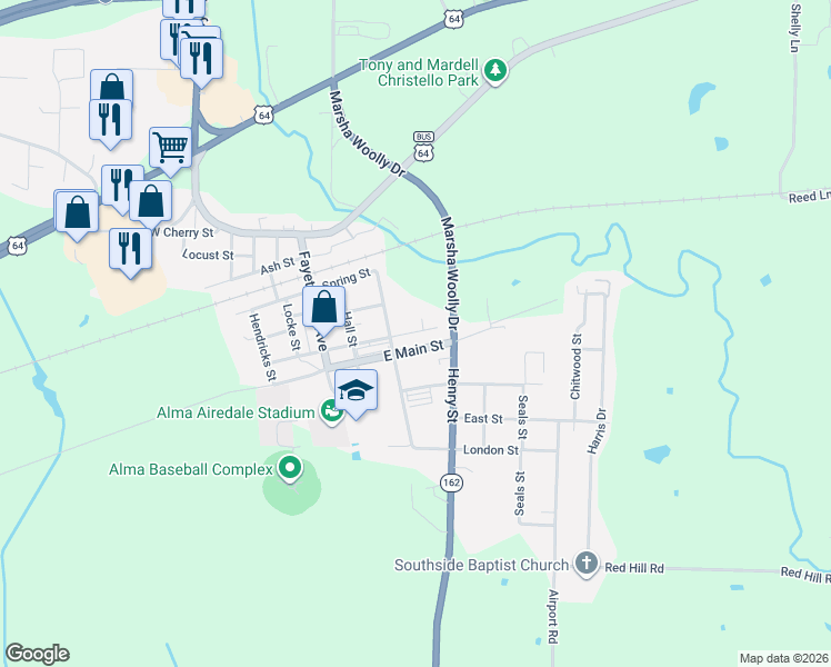 map of restaurants, bars, coffee shops, grocery stores, and more near 216 East Walnut Street in Alma