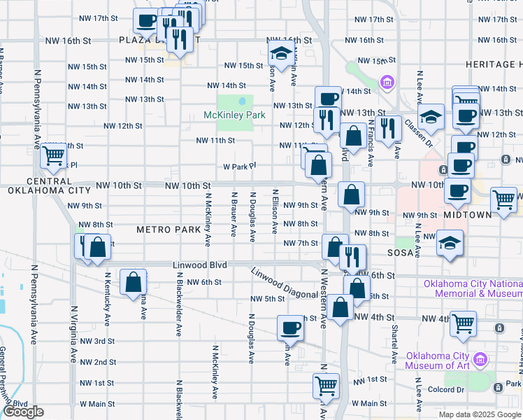 map of restaurants, bars, coffee shops, grocery stores, and more near 1401 Northwest 9th Street in Oklahoma City