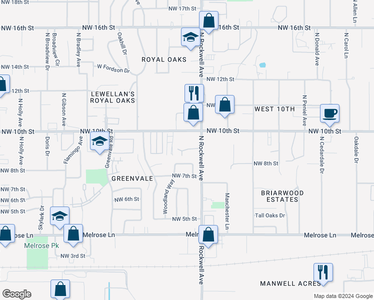 map of restaurants, bars, coffee shops, grocery stores, and more near 933 North Rockwell Avenue in Oklahoma City
