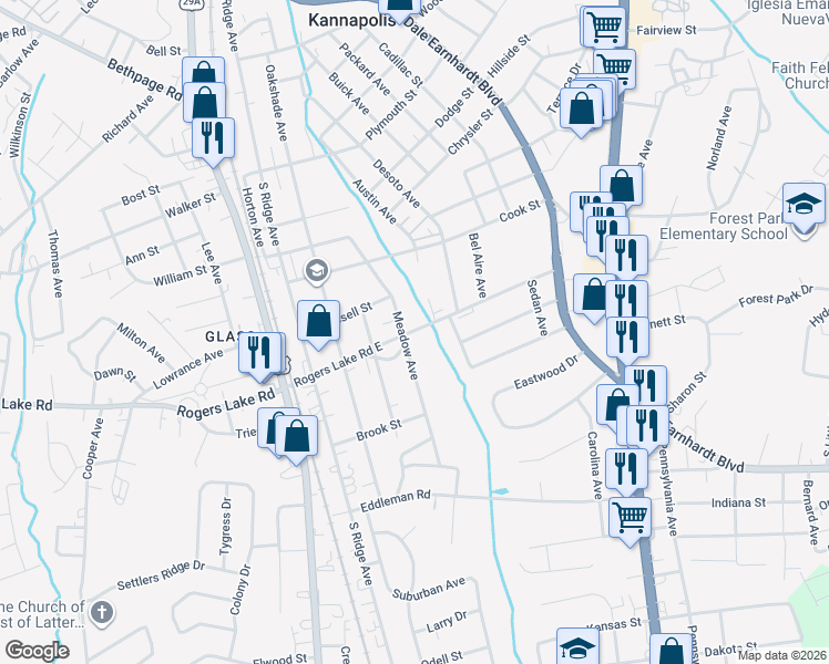 map of restaurants, bars, coffee shops, grocery stores, and more near 407 Rogers Lake Road in Kannapolis