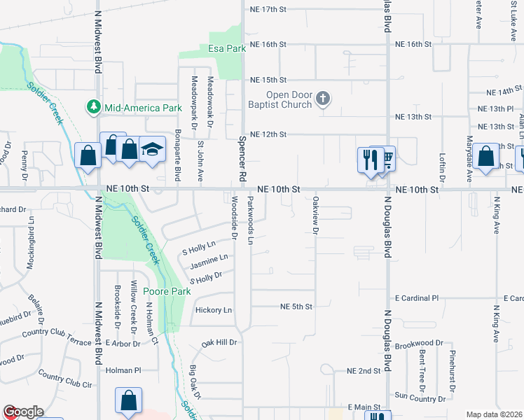 map of restaurants, bars, coffee shops, grocery stores, and more near 4027 Locust Drive in Oklahoma City