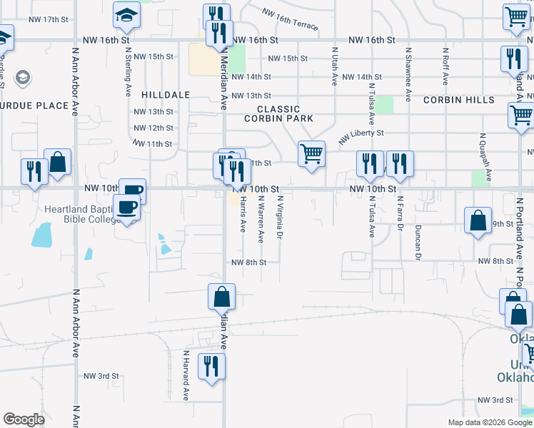 map of restaurants, bars, coffee shops, grocery stores, and more near 1015 North Warren Avenue in Oklahoma City
