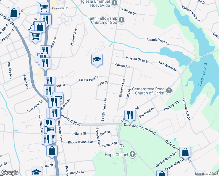 map of restaurants, bars, coffee shops, grocery stores, and more near 521 South Little Texas Road in Kannapolis