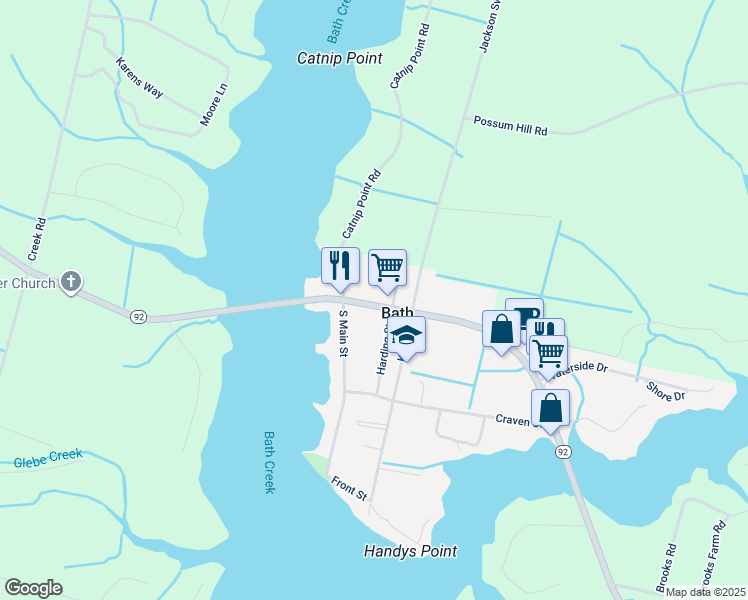 map of restaurants, bars, coffee shops, grocery stores, and more near 208 Carteret Street in Bath