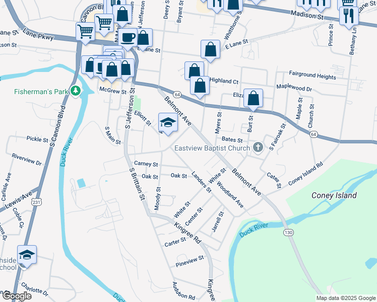 map of restaurants, bars, coffee shops, grocery stores, and more near 609 Landers Street in Shelbyville