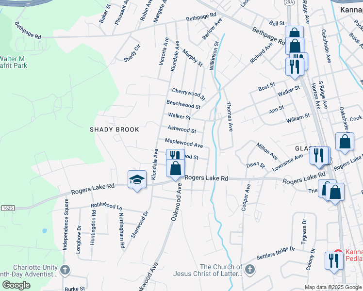 map of restaurants, bars, coffee shops, grocery stores, and more near 803 Maplewood Avenue in Kannapolis