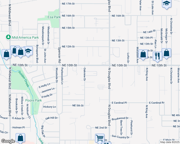 map of restaurants, bars, coffee shops, grocery stores, and more near 8831 Misty Hollow Drive in Midwest City