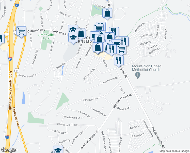 map of restaurants, bars, coffee shops, grocery stores, and more near 19609 Feriba Place in Cornelius