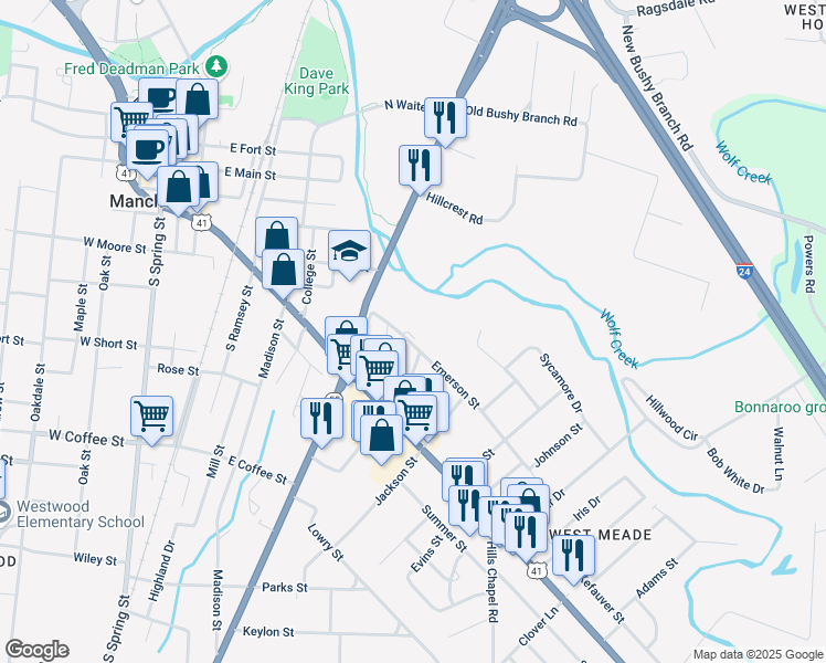 map of restaurants, bars, coffee shops, grocery stores, and more near 813 Emerson Street in Manchester