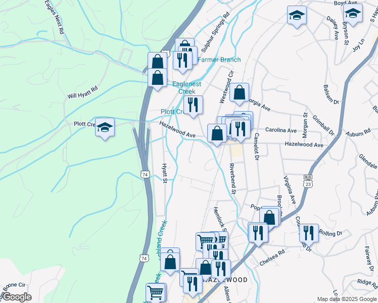 map of restaurants, bars, coffee shops, grocery stores, and more near 105 Mosaic Place in Waynesville