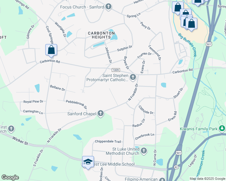map of restaurants, bars, coffee shops, grocery stores, and more near 632 Monger Lane in Sanford