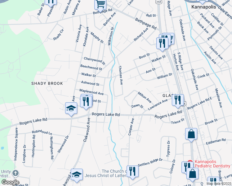 map of restaurants, bars, coffee shops, grocery stores, and more near Rosewood Avenue in Kannapolis