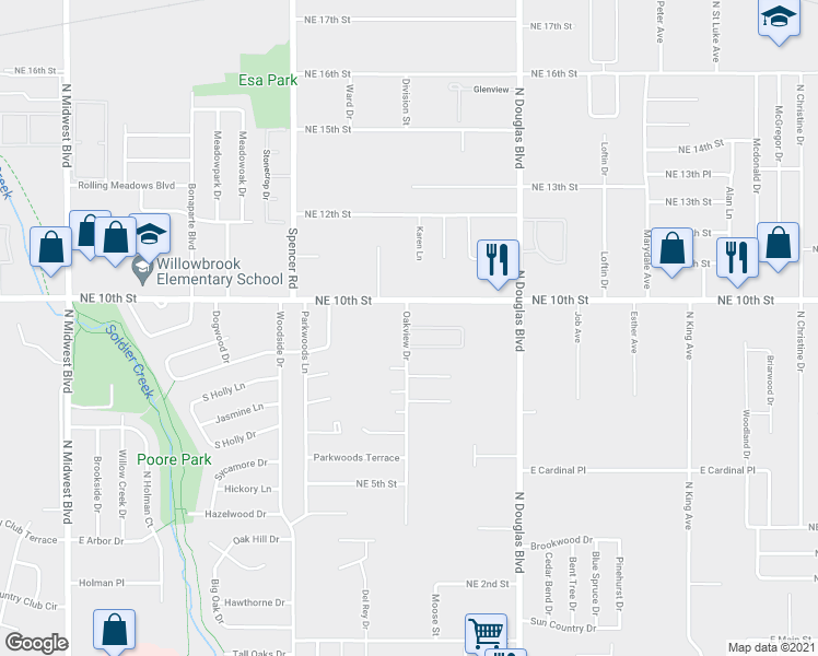 map of restaurants, bars, coffee shops, grocery stores, and more near 8804 Misty Hollow Drive in Midwest City