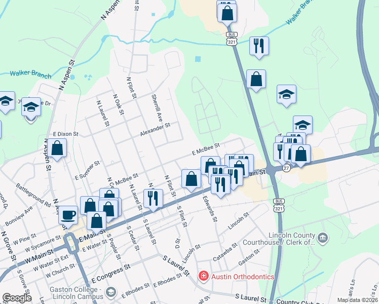 map of restaurants, bars, coffee shops, grocery stores, and more near 827 McBee Street in Lincolnton