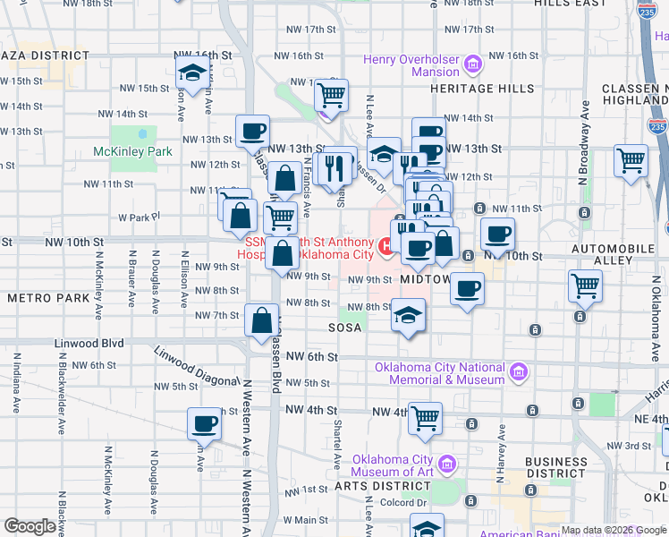 map of restaurants, bars, coffee shops, grocery stores, and more near 1016 North Shartel Avenue in Oklahoma City