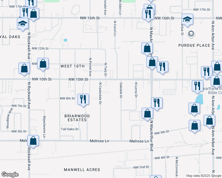 map of restaurants, bars, coffee shops, grocery stores, and more near 6401 Northwest 9th Street in Oklahoma City