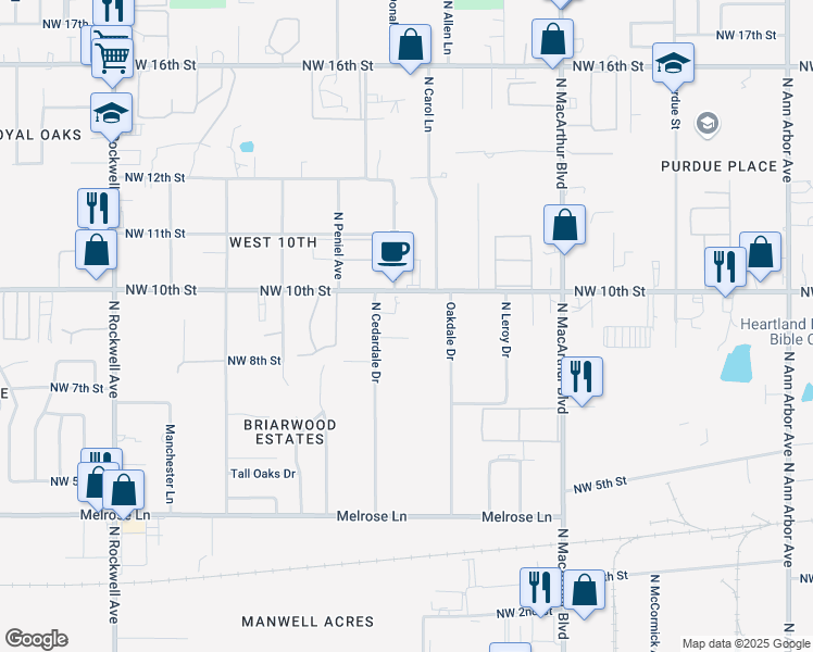 map of restaurants, bars, coffee shops, grocery stores, and more near 6401 Northwest 9th Street in Oklahoma City
