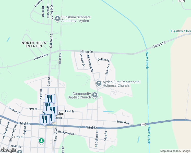 map of restaurants, bars, coffee shops, grocery stores, and more near 4007 Northeast College Street in Ayden