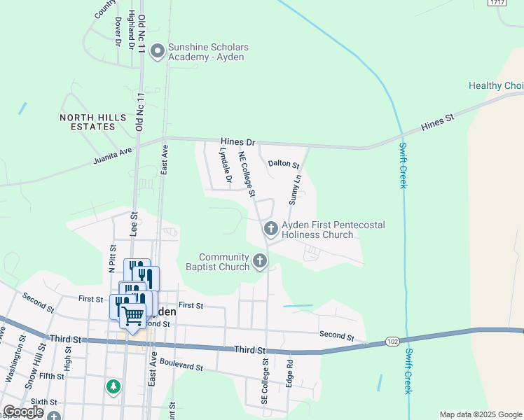 map of restaurants, bars, coffee shops, grocery stores, and more near 4007 Northeast College Street in Ayden