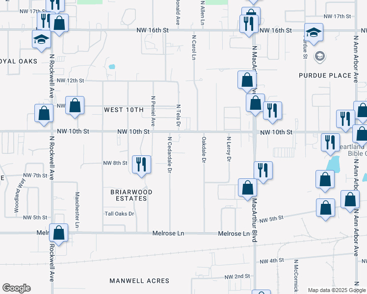 map of restaurants, bars, coffee shops, grocery stores, and more near 6401 Northwest 9th Street in Oklahoma City