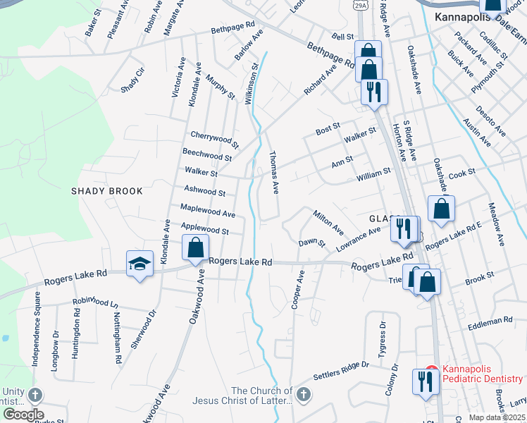 map of restaurants, bars, coffee shops, grocery stores, and more near Rosewood Avenue in Kannapolis
