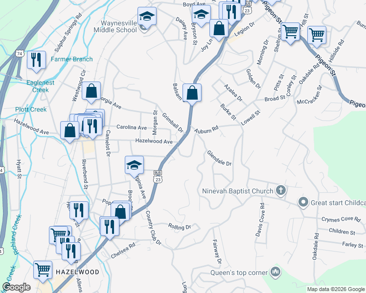 map of restaurants, bars, coffee shops, grocery stores, and more near 31 Waynewood Drive in Waynesville