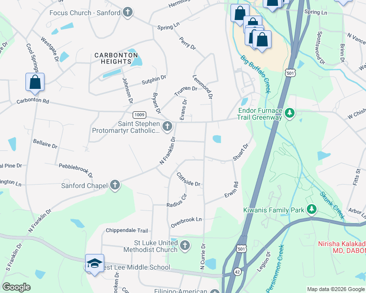 map of restaurants, bars, coffee shops, grocery stores, and more near 2007 Hamilton Drive in Sanford
