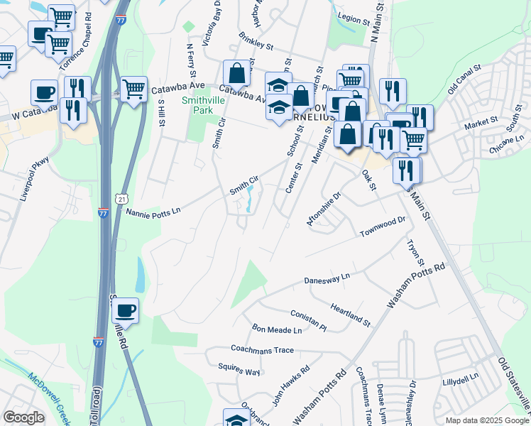 map of restaurants, bars, coffee shops, grocery stores, and more near 19401 Center Street in Cornelius