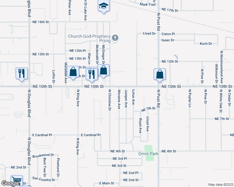 map of restaurants, bars, coffee shops, grocery stores, and more near 9604 Northeast 10th Street in Midwest City