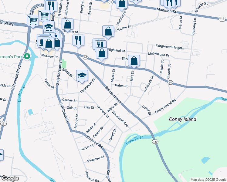 map of restaurants, bars, coffee shops, grocery stores, and more near 801 Belmont Avenue in Shelbyville