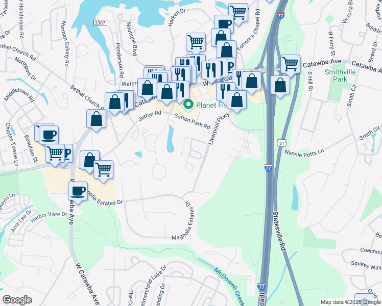 map of restaurants, bars, coffee shops, grocery stores, and more near 8700 Creek Trail Lane in Cornelius