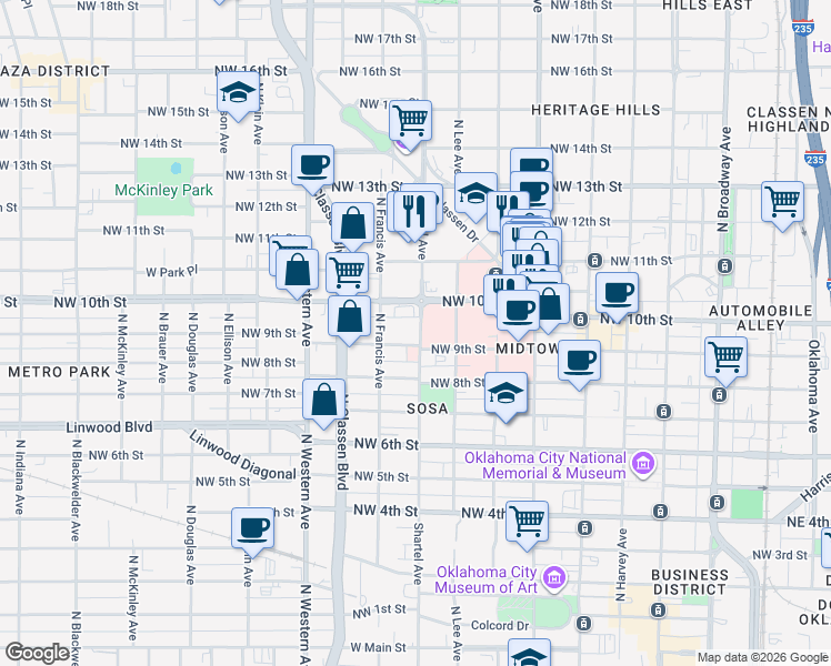 map of restaurants, bars, coffee shops, grocery stores, and more near 1005 North Shartel Avenue in Oklahoma City