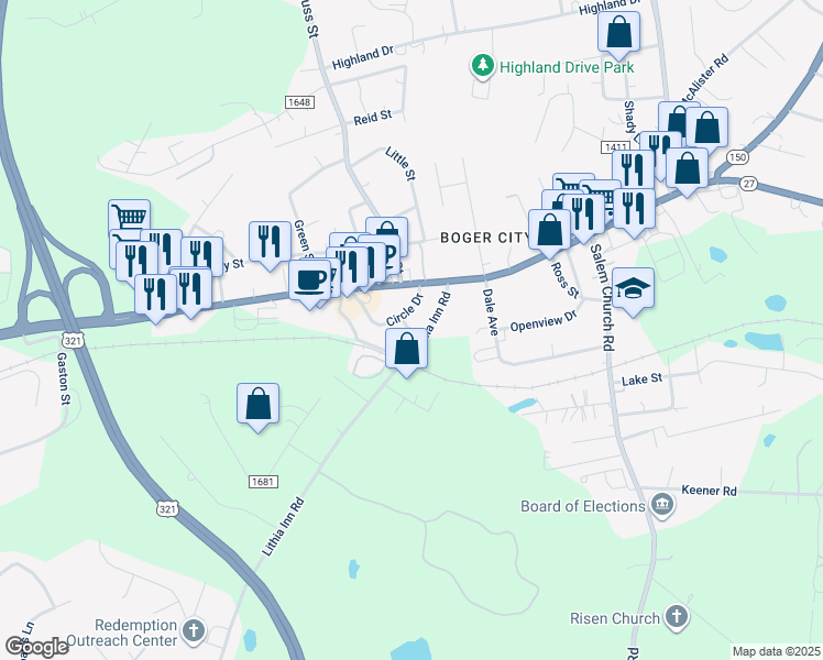 map of restaurants, bars, coffee shops, grocery stores, and more near 101 Idlewood Drive in Lincolnton
